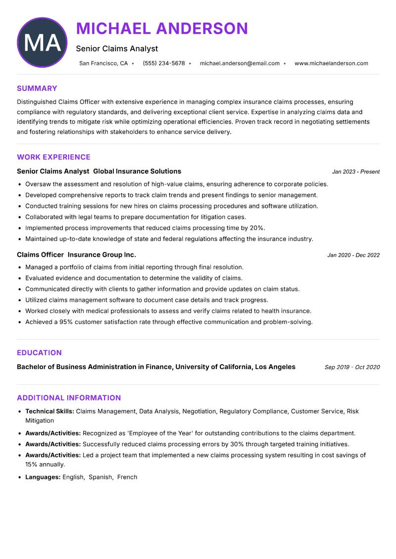 Claims Officer resume example — ATS-friendly template