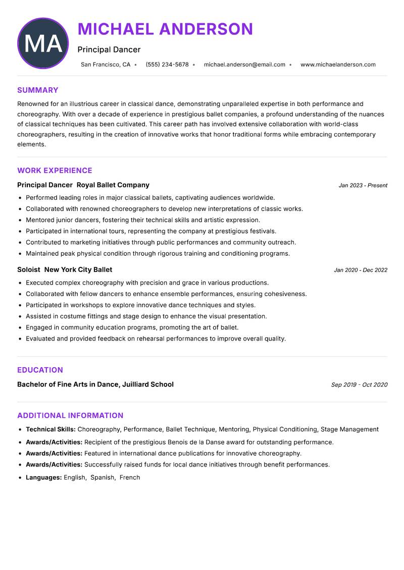 Classical Dancer resume example — ATS-friendly template