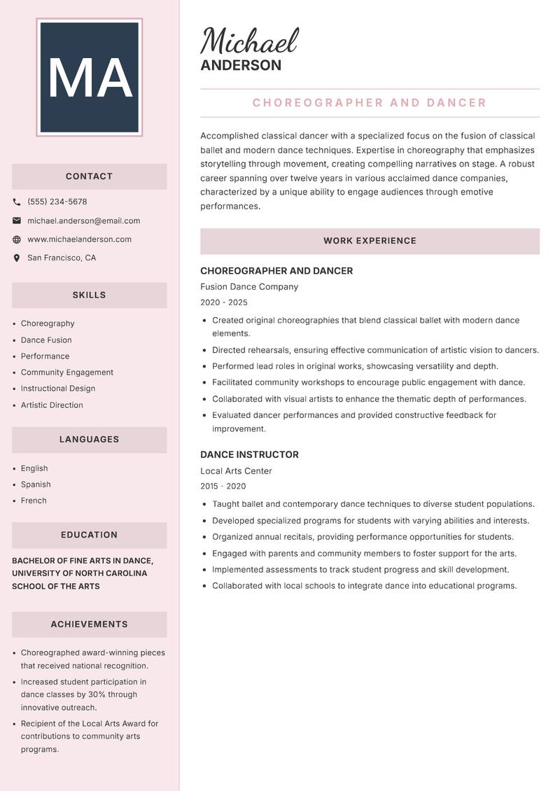 Classical Dancer resume template — Executive