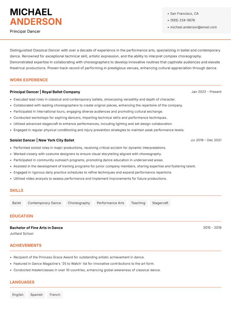 Classical Dancer resume template — Modern Professional