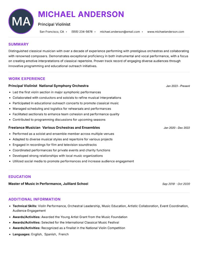 Classical Musician resume example — ATS-friendly template