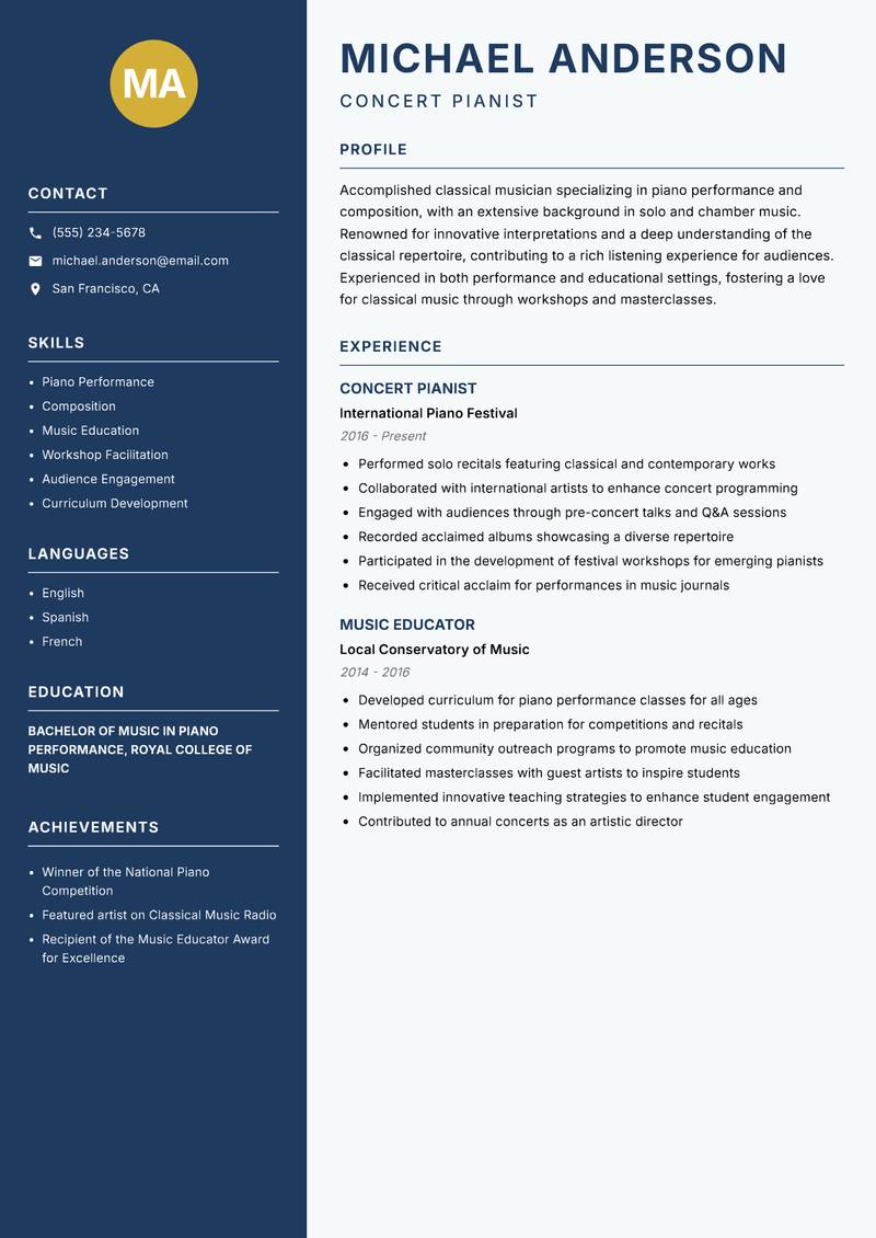 Classical Musician resume template — Classic Clean