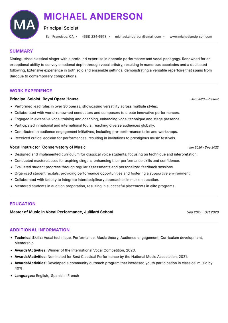 Classical Singer resume example — ATS-friendly template