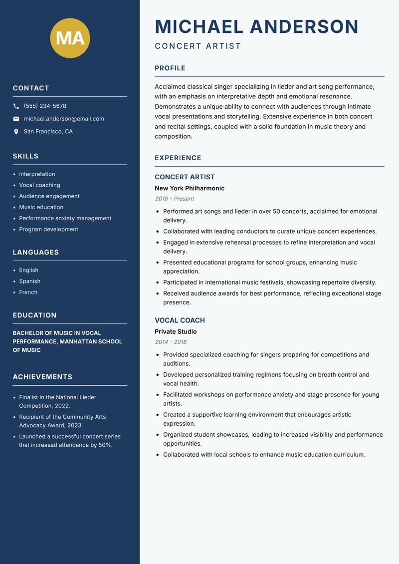 Classical Singer resume template — Classic Clean