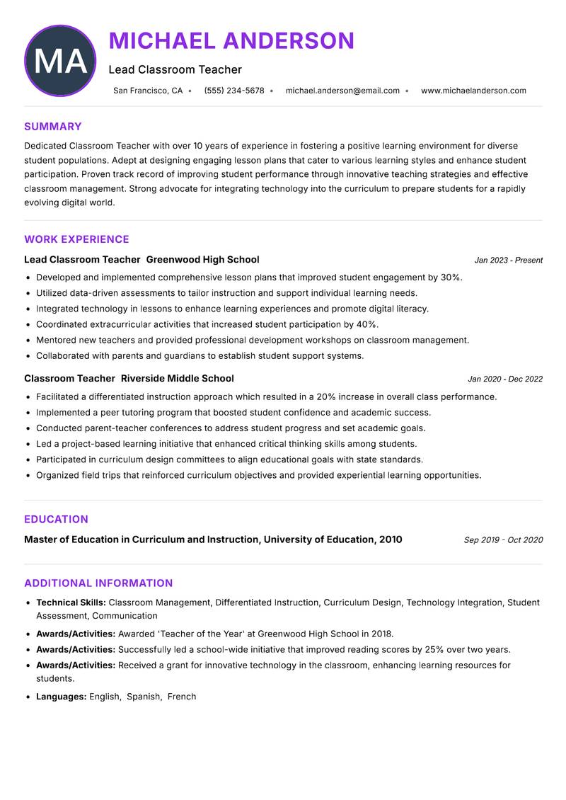 Classroom Teacher resume example — ATS-friendly template