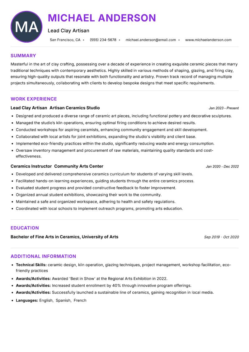 Clay Craft Artisan resume example — ATS-friendly template