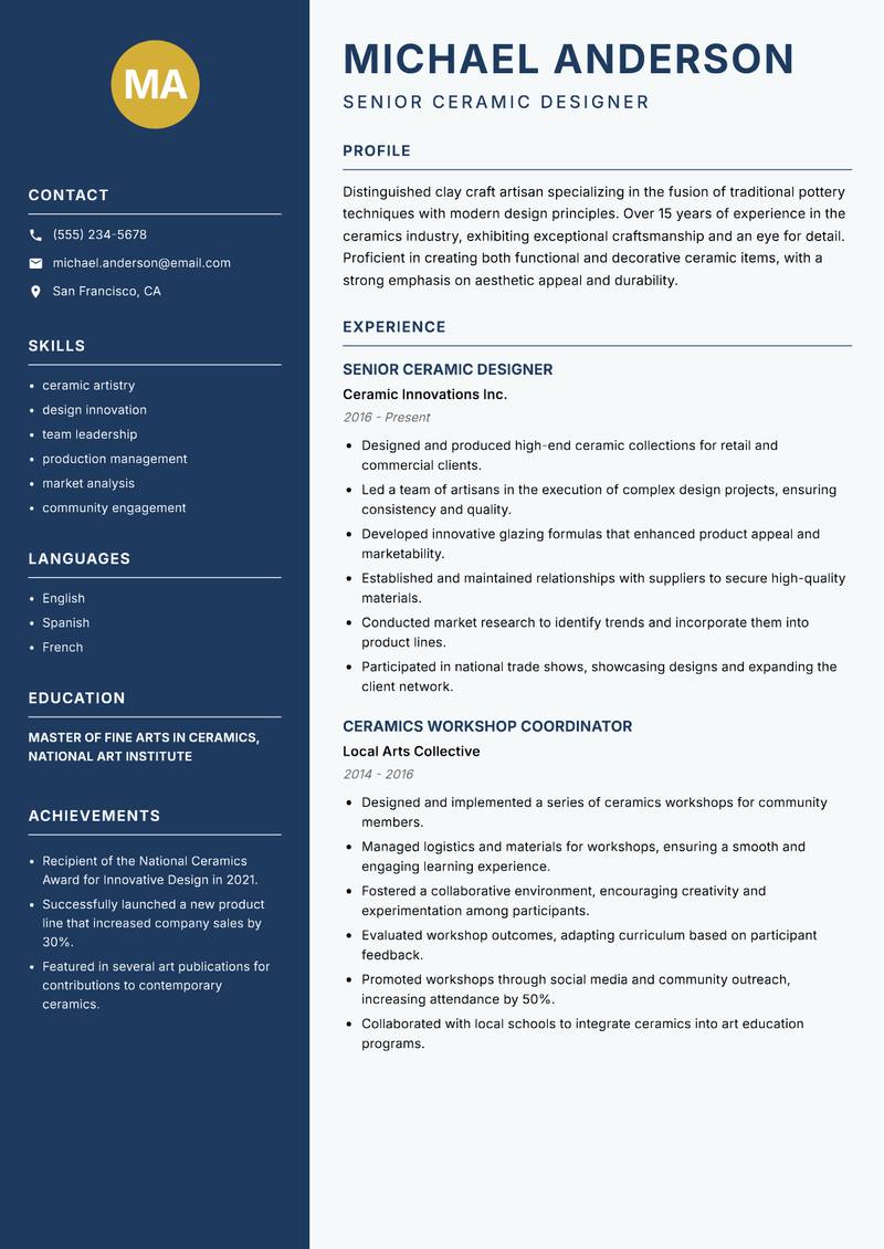 Clay Craft Artisan resume template — Classic Clean