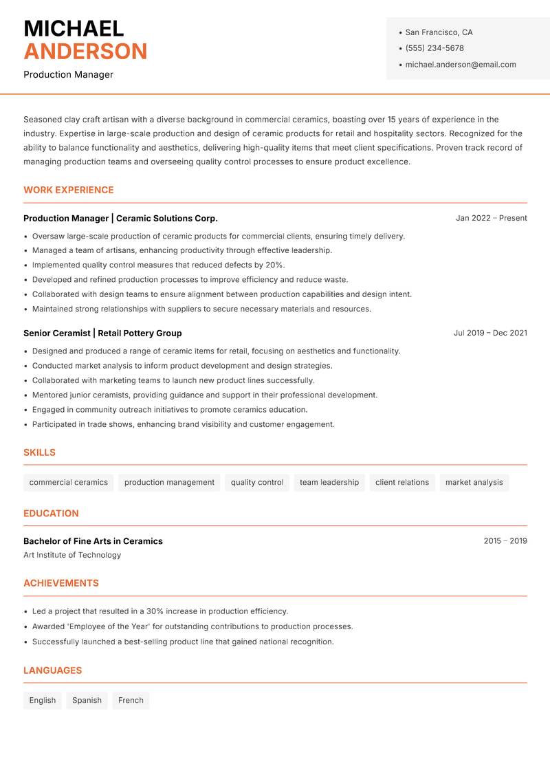 Clay Craft Artisan resume template — Modern Professional