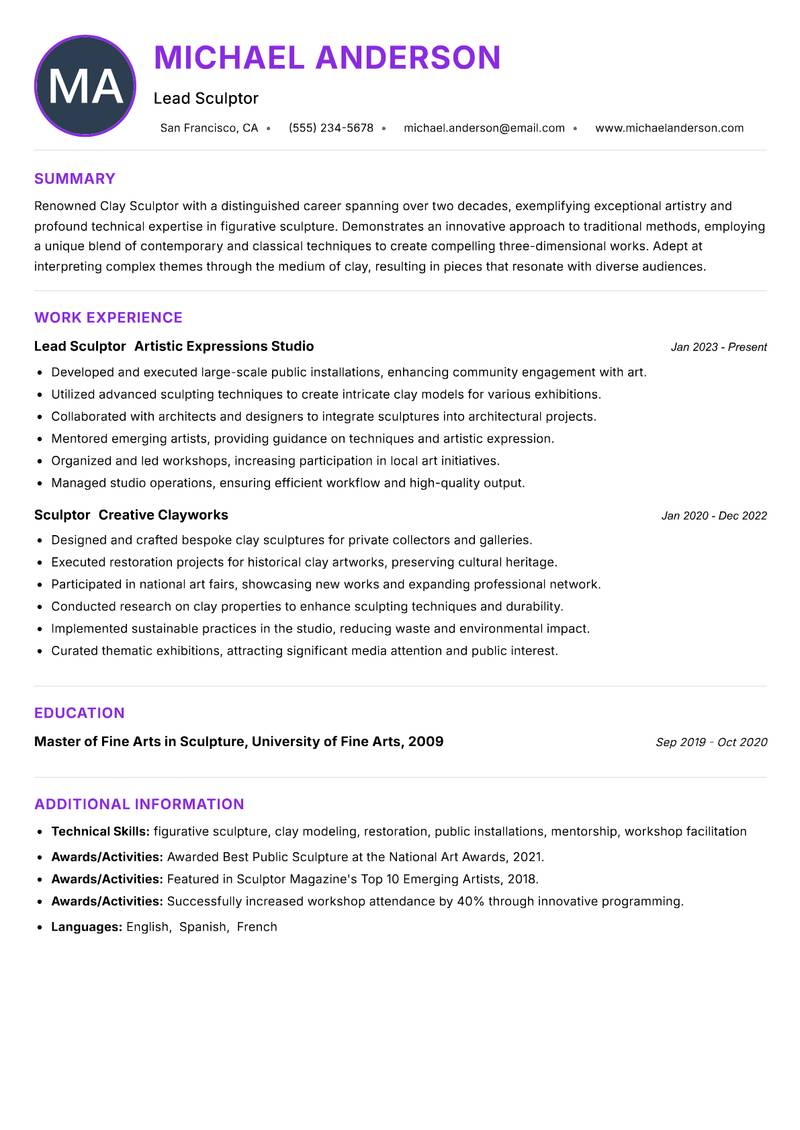Clay Sculptor resume example — ATS-friendly template