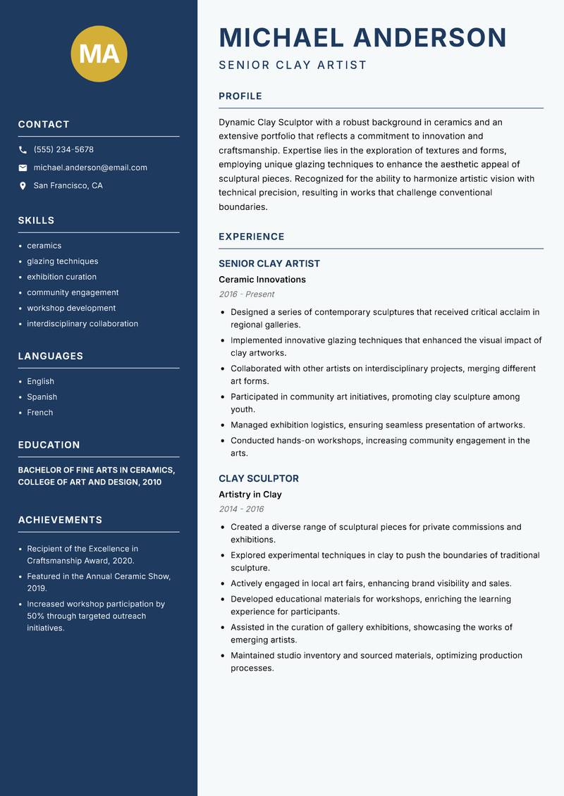 Clay Sculptor resume template — Classic Clean