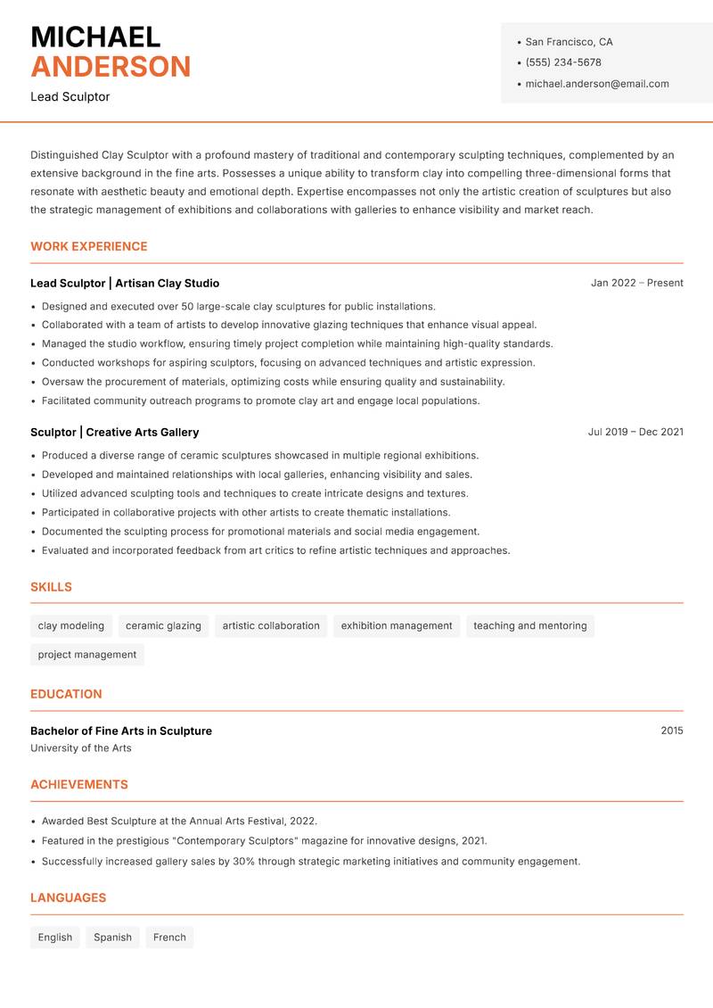 Clay Sculptor resume template — Modern Professional