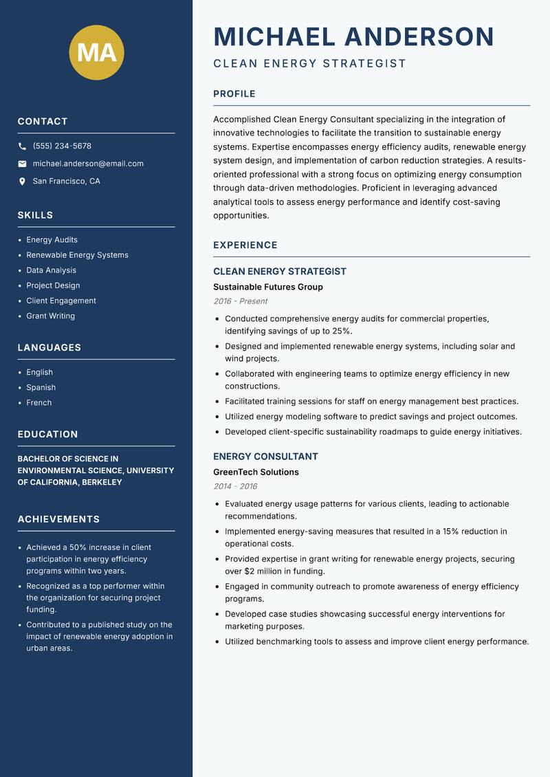 Clean Energy Consultant resume template — Classic Clean