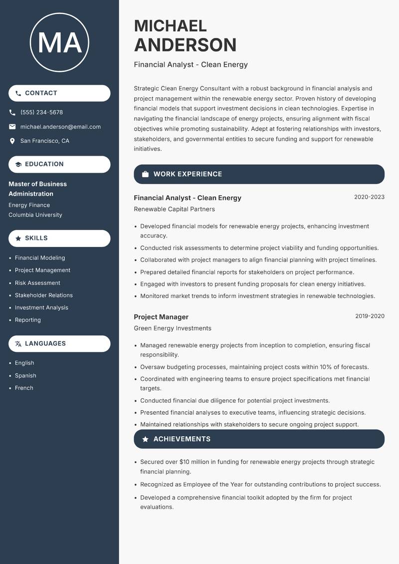 Clean Energy Consultant resume template — Compact