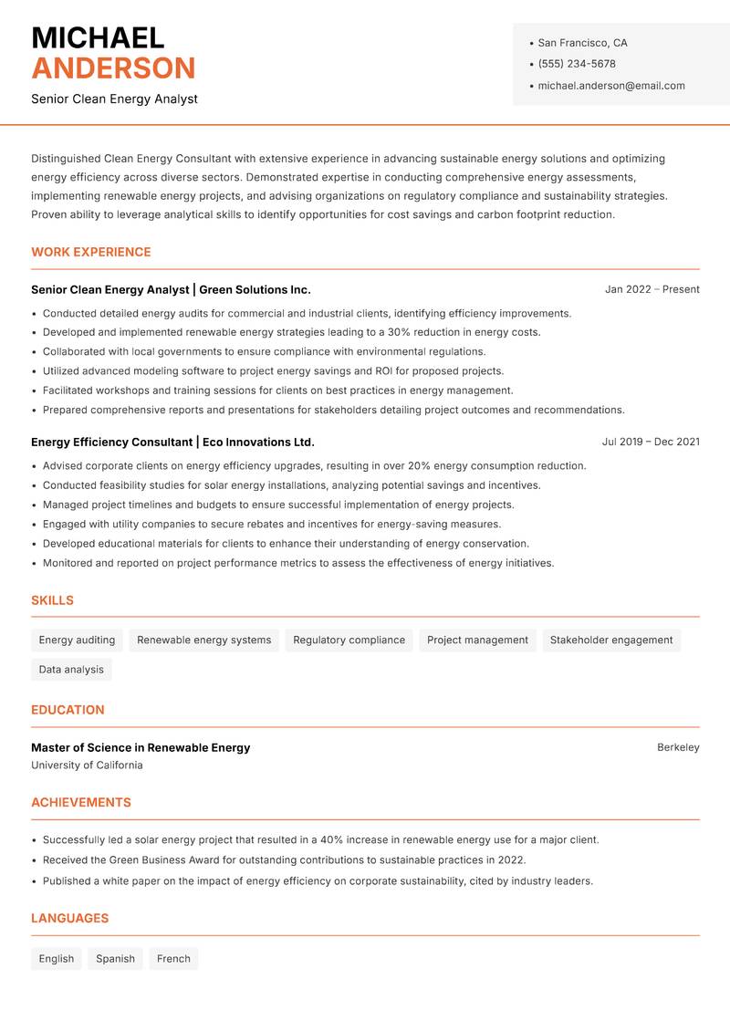 Clean Energy Consultant resume template — Modern Professional