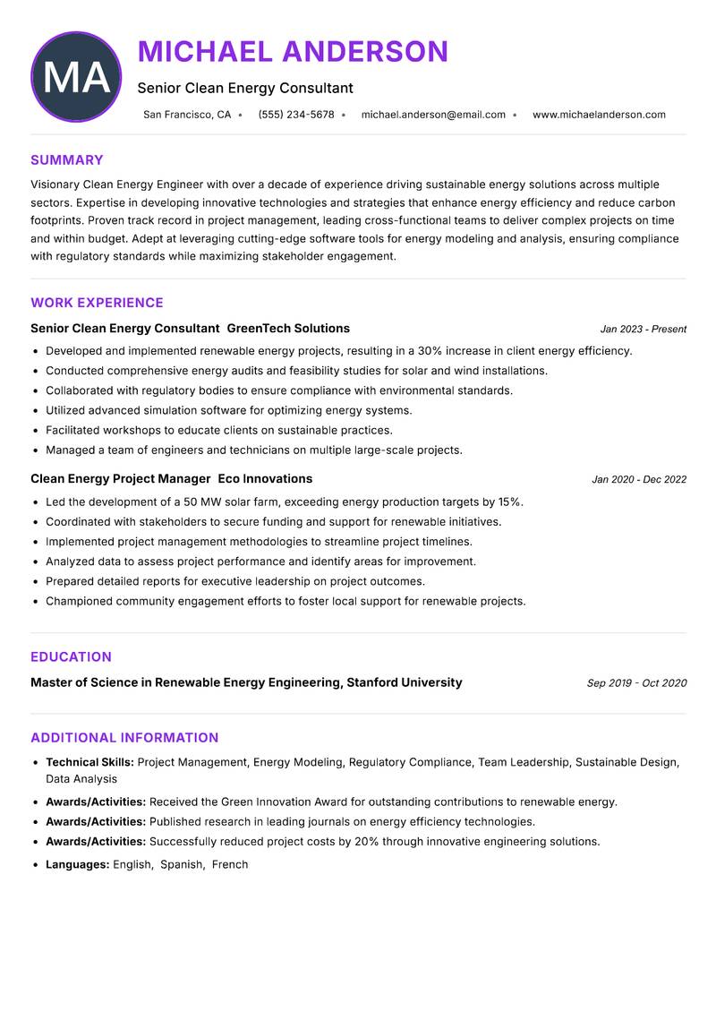 Clean Energy Engineer resume example — ATS-friendly template
