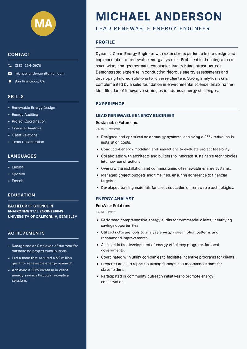 Clean Energy Engineer resume template — Classic Clean