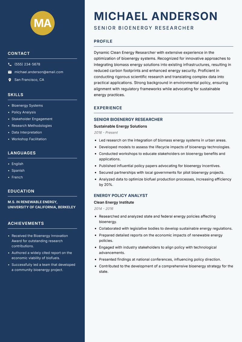 Clean Energy Researcher resume template — Classic Clean
