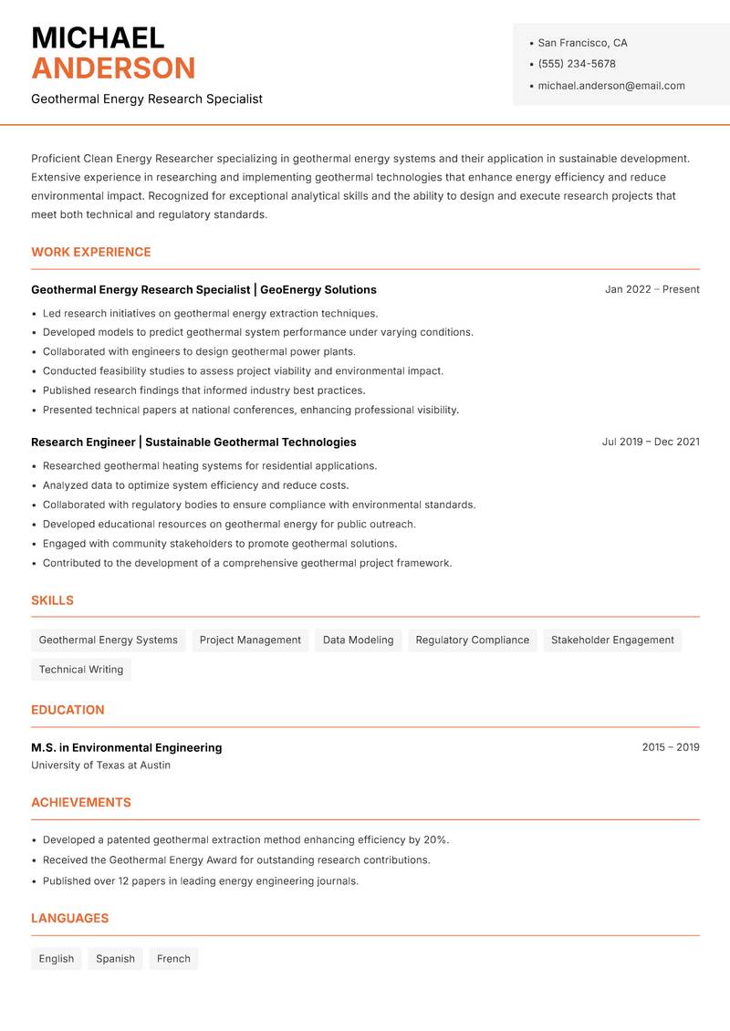 Clean Energy Researcher resume template — Modern Professional