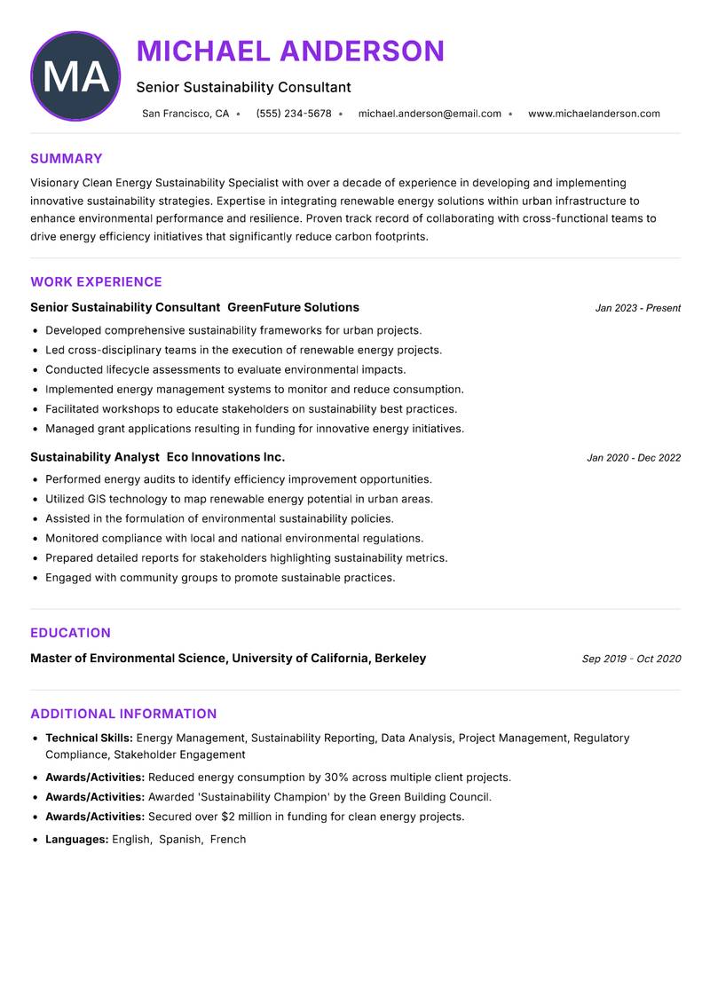 Clean Energy Sustainability Specialist resume example — ATS-friendly template