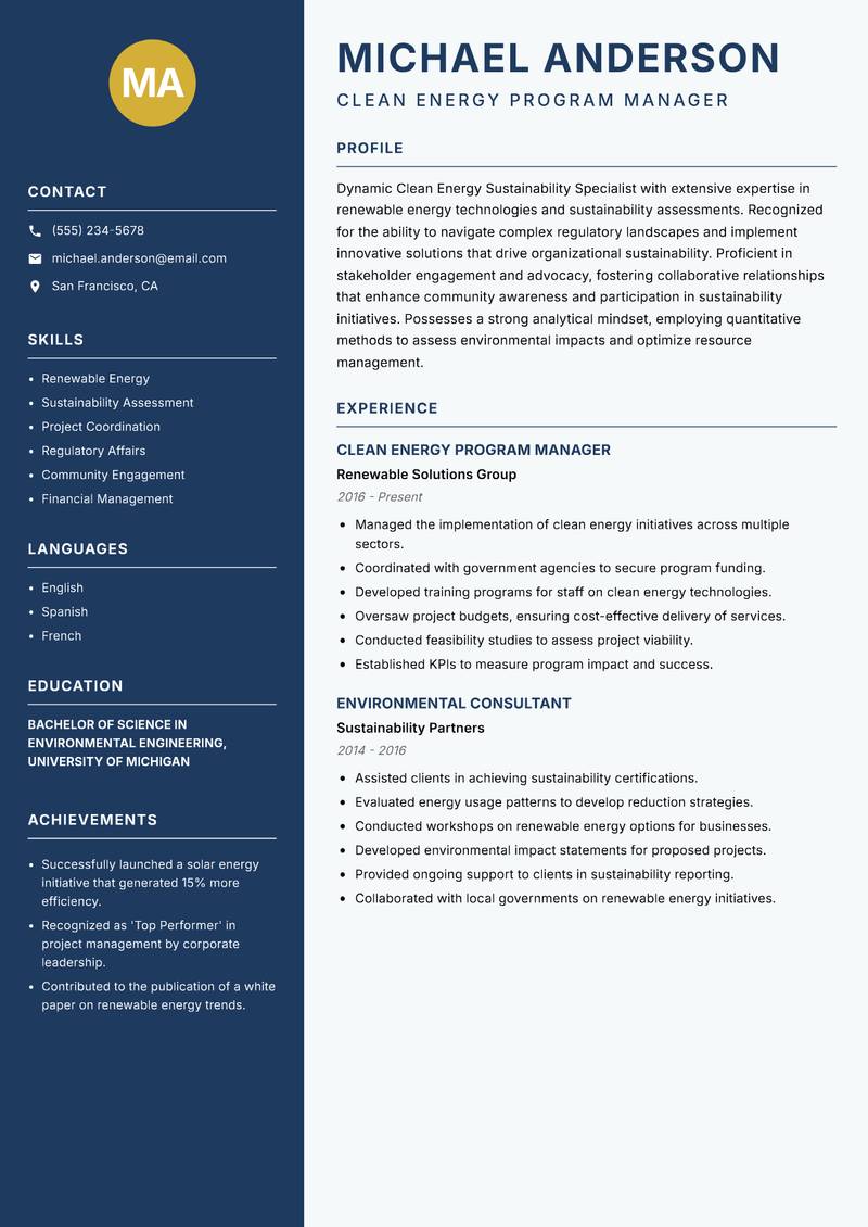 Clean Energy Sustainability Specialist resume template — Classic Clean