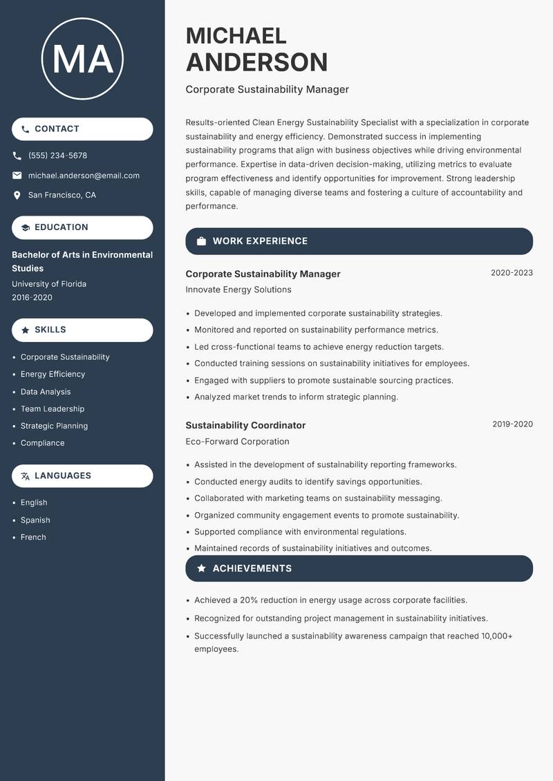 Clean Energy Sustainability Specialist resume template — Compact