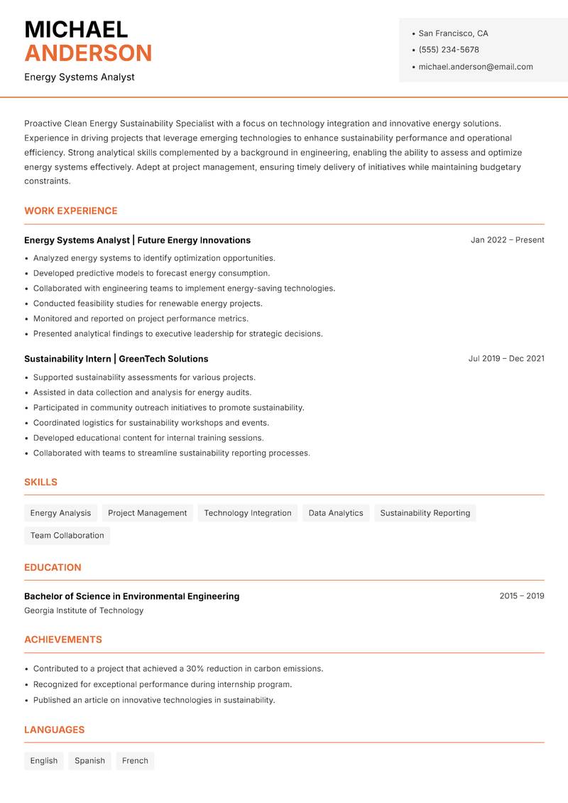 Clean Energy Sustainability Specialist resume template — Modern Professional