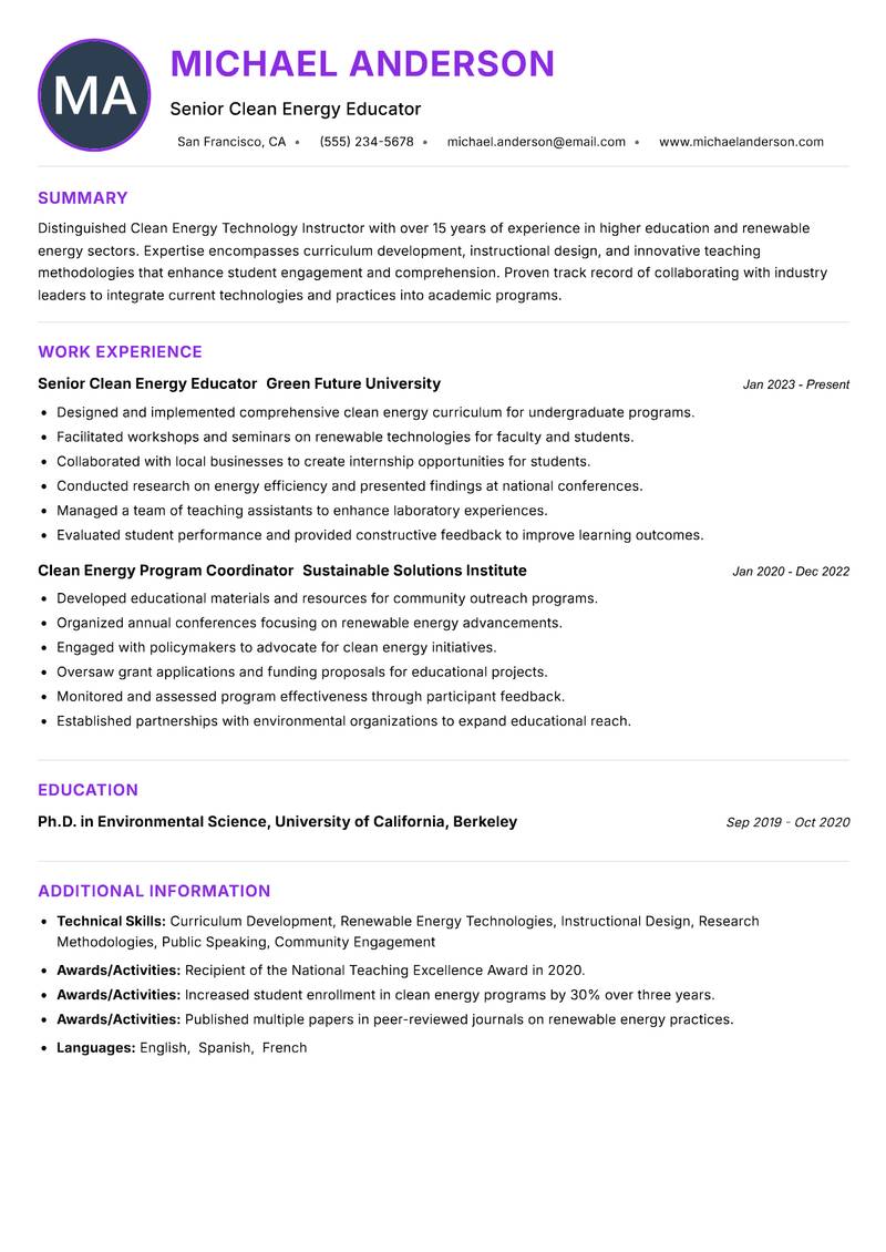 Clean Energy Technology Instructor resume example — ATS-friendly template