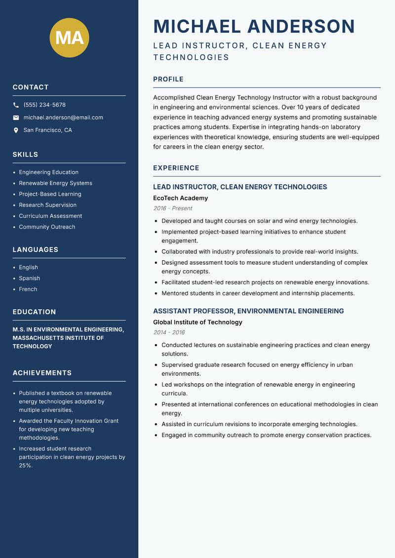 Clean Energy Technology Instructor resume template — Classic Clean