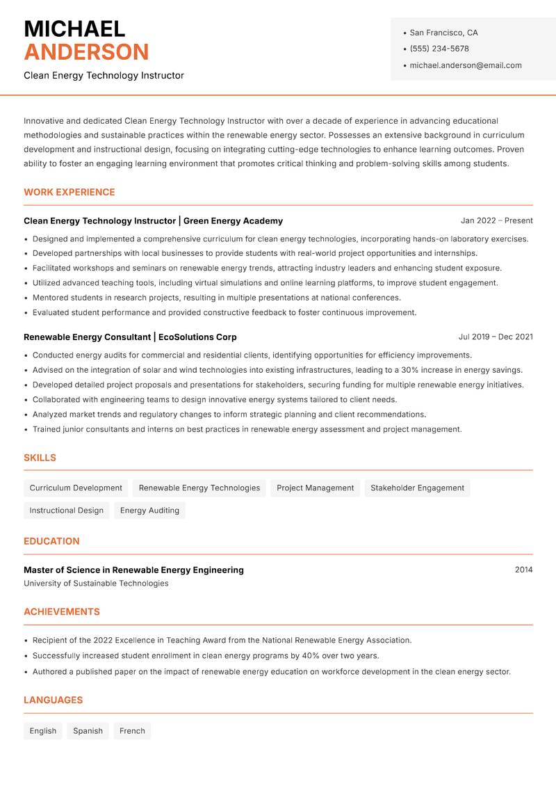 Clean Energy Technology Instructor resume template — Modern Professional