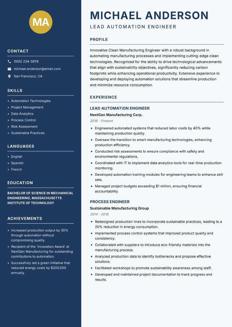 Clean Manufacturing Engineer resume template — Classic Clean