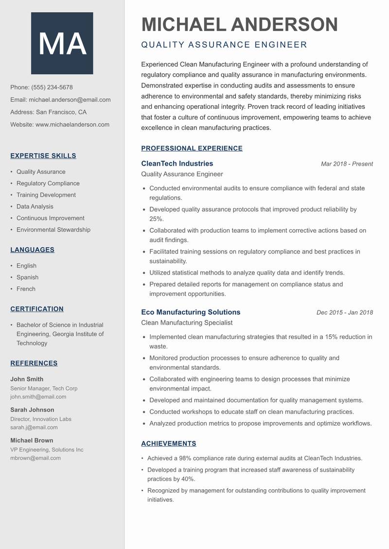 Clean Manufacturing Engineer resume template — Creative Minimal