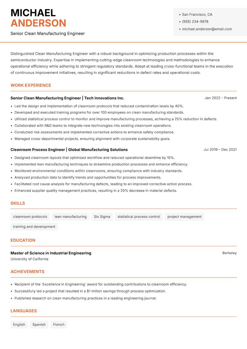 Clean Manufacturing Engineer resume template — Modern Professional