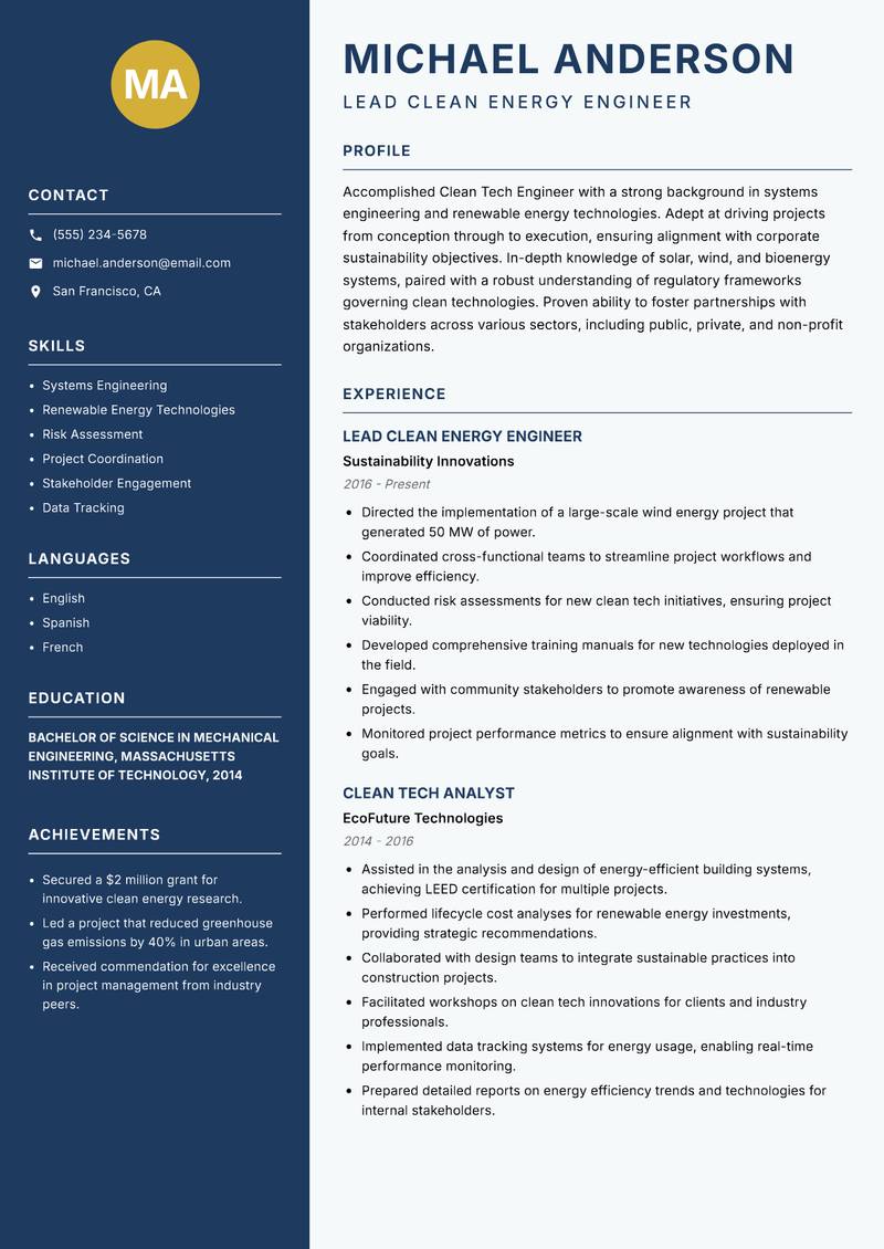 Clean Tech Engineer resume template — Classic Clean