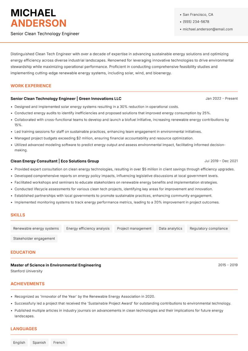 Clean Tech Engineer resume template — Modern Professional