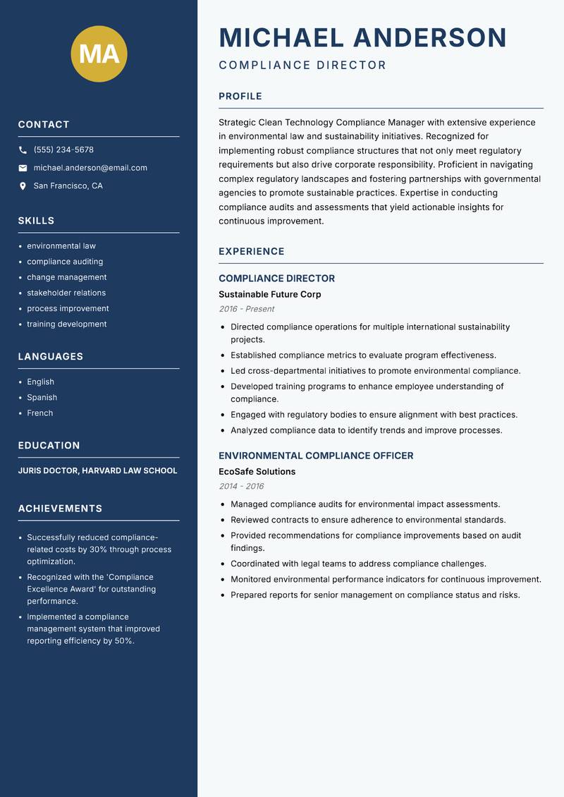 Clean Technology Compliance Manager resume template — Classic Clean