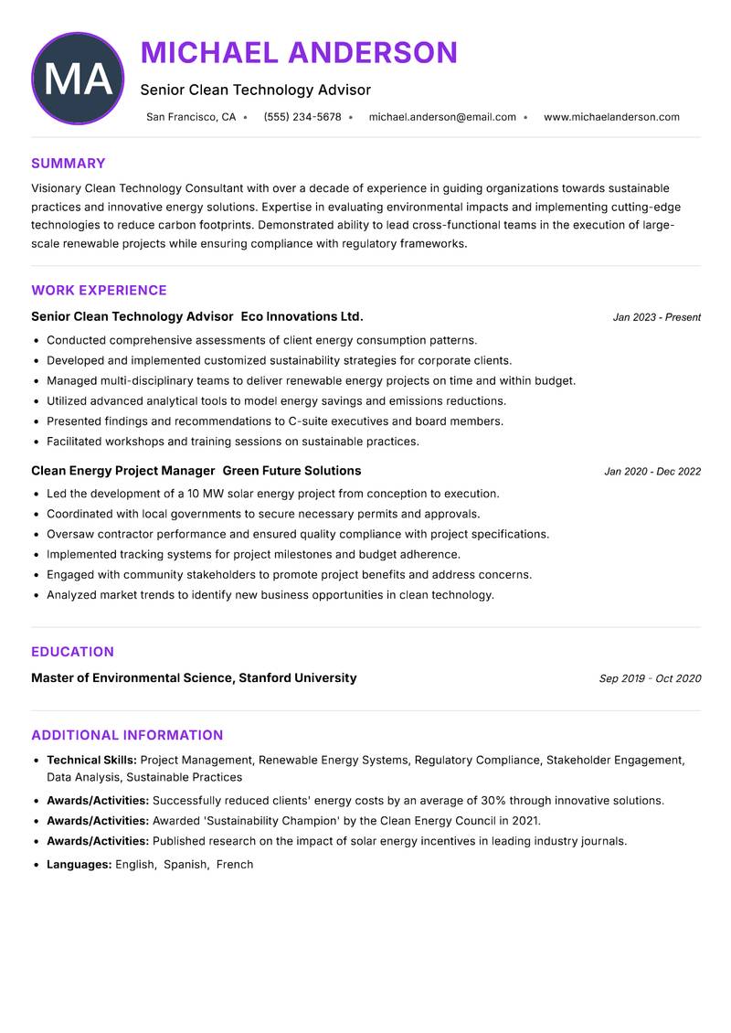 Clean Technology Consultant resume example — ATS-friendly template