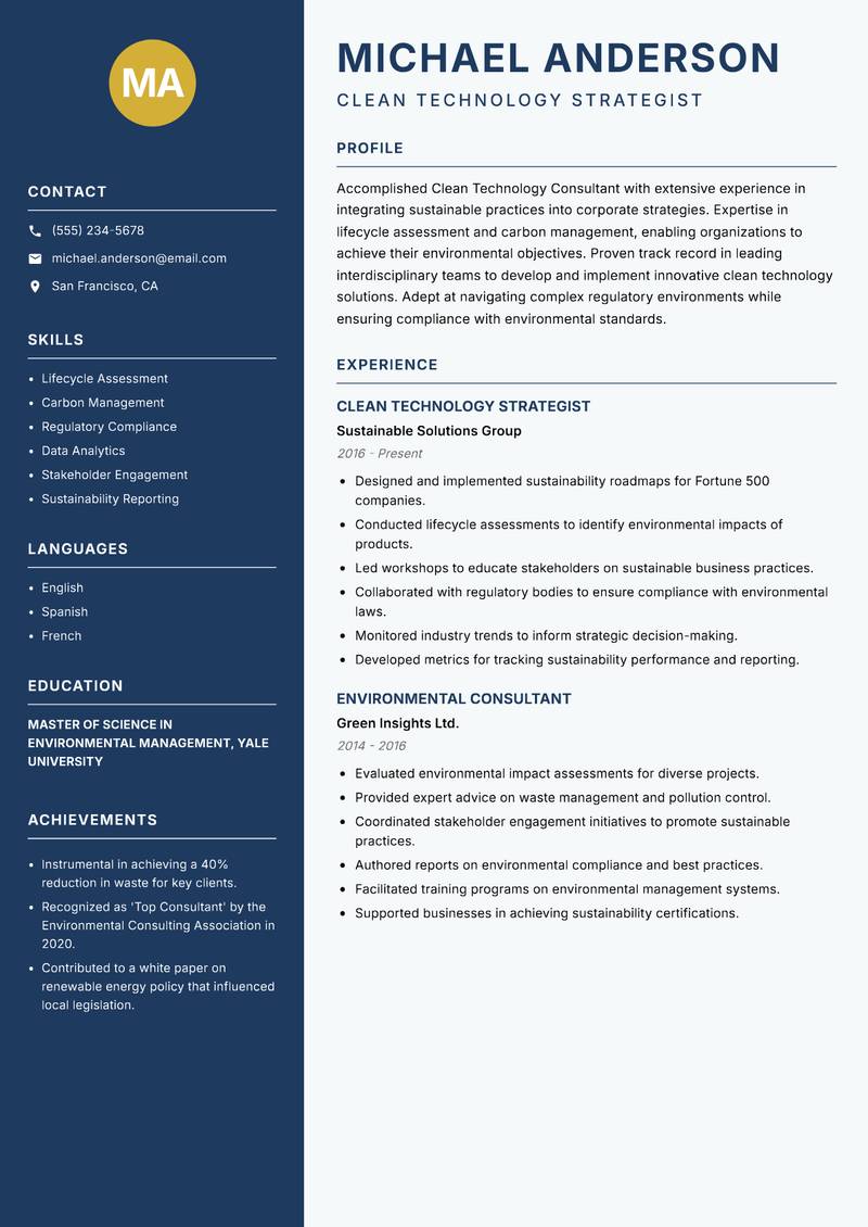Clean Technology Consultant resume template — Classic Clean