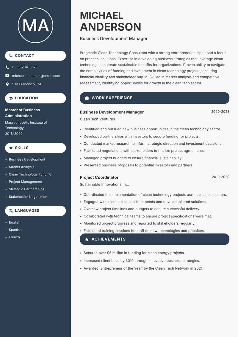 Clean Technology Consultant resume template — Compact