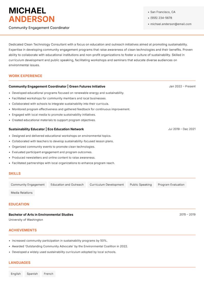 Clean Technology Consultant resume template — Modern Professional