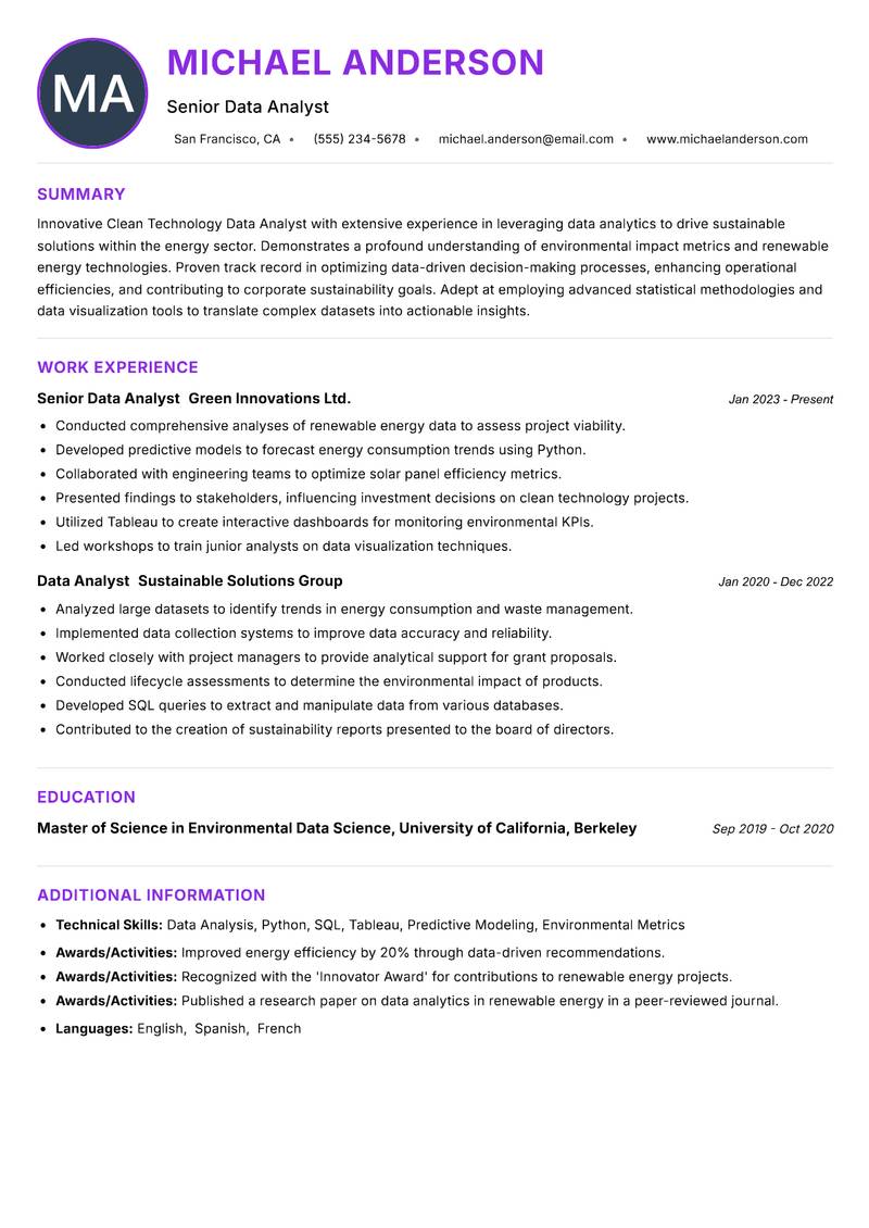 Clean Technology Data Analyst resume example — ATS-friendly template