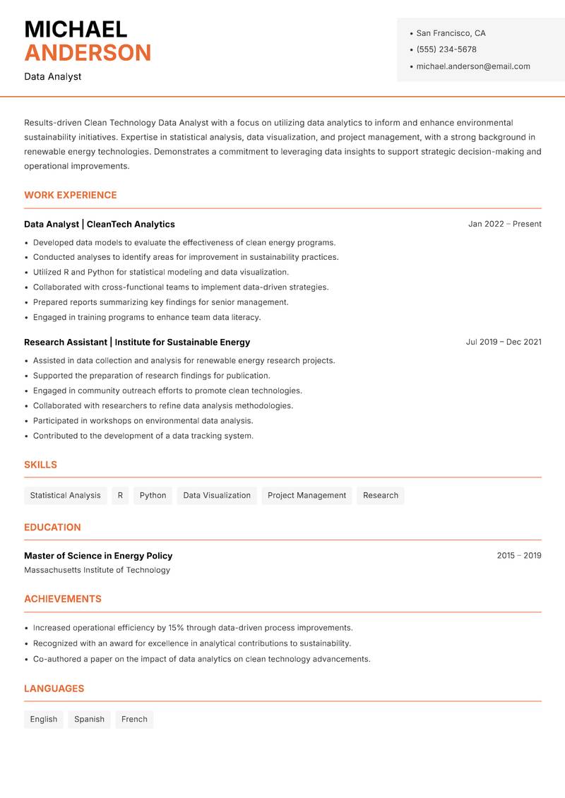 Clean Technology Data Analyst resume template — Modern Professional