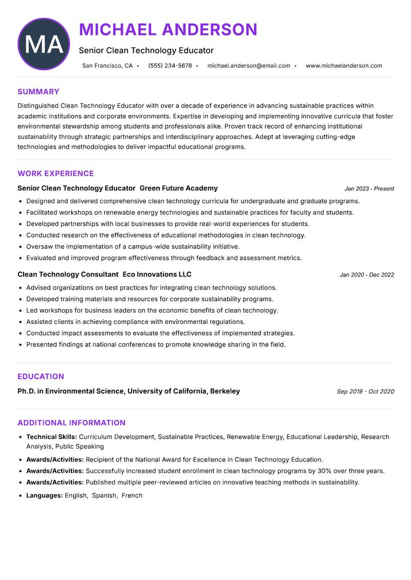 Clean Technology Educator resume example — ATS-friendly template