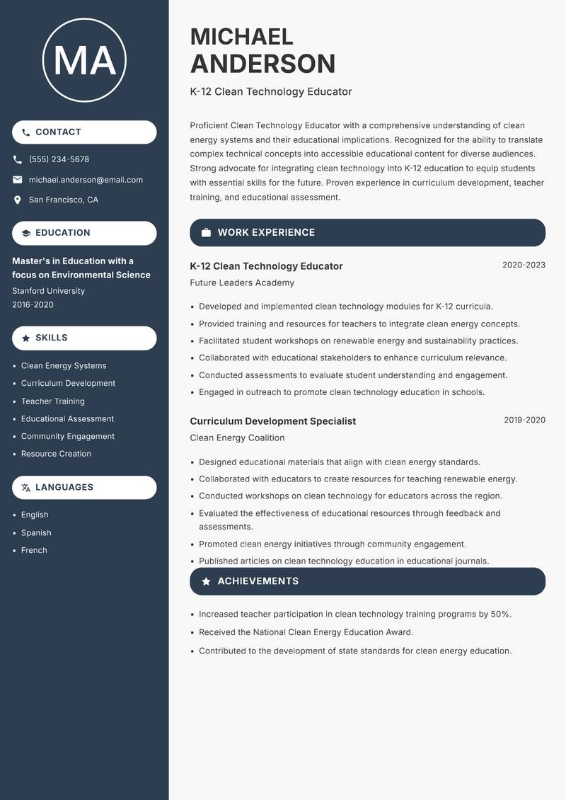 Clean Technology Educator resume template — Compact