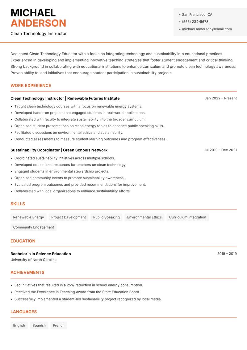 Clean Technology Educator resume template — Modern Professional