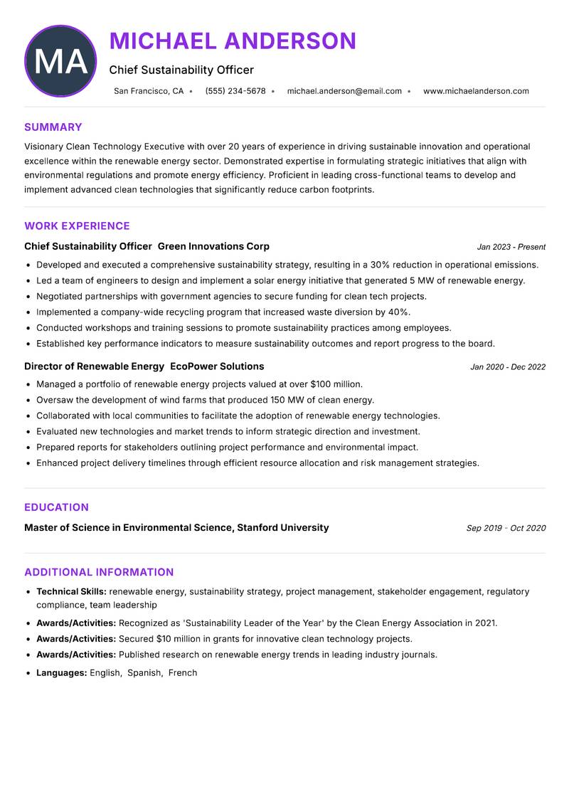 Clean Technology Executive resume example — ATS-friendly template