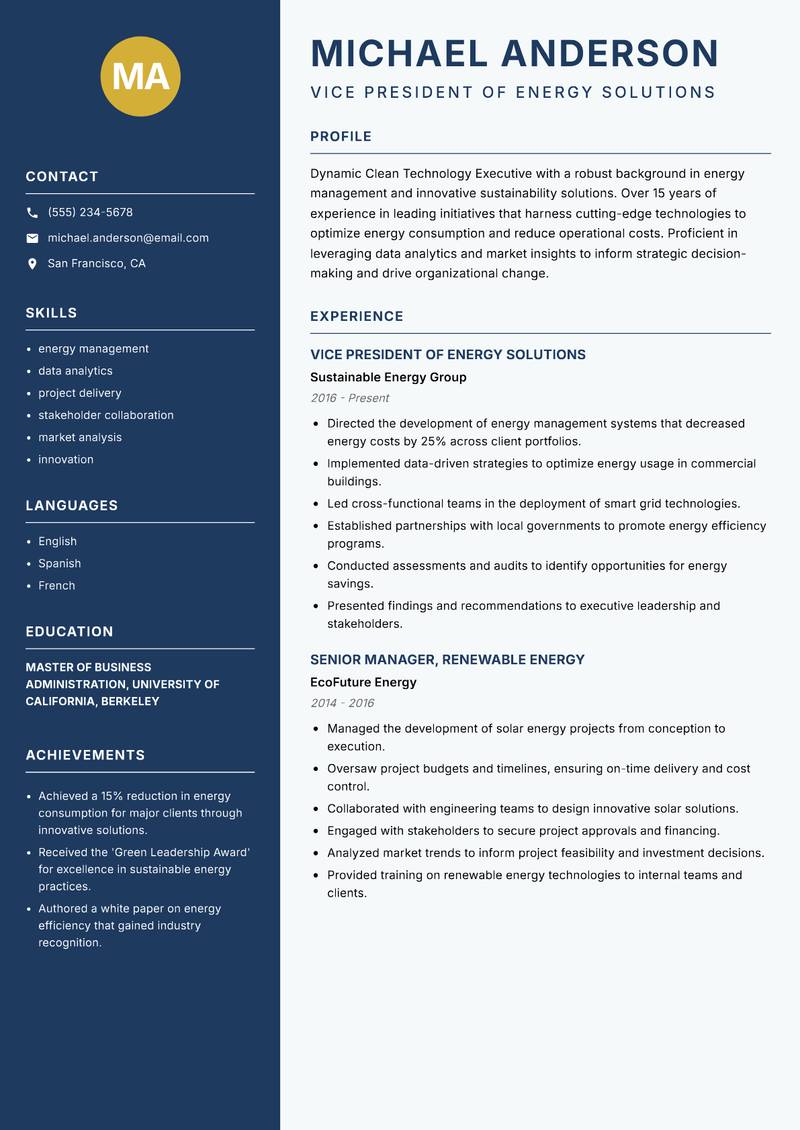 Clean Technology Executive resume template — Classic Clean
