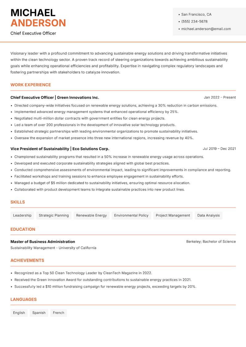 Clean Technology Executive resume template — Modern Professional