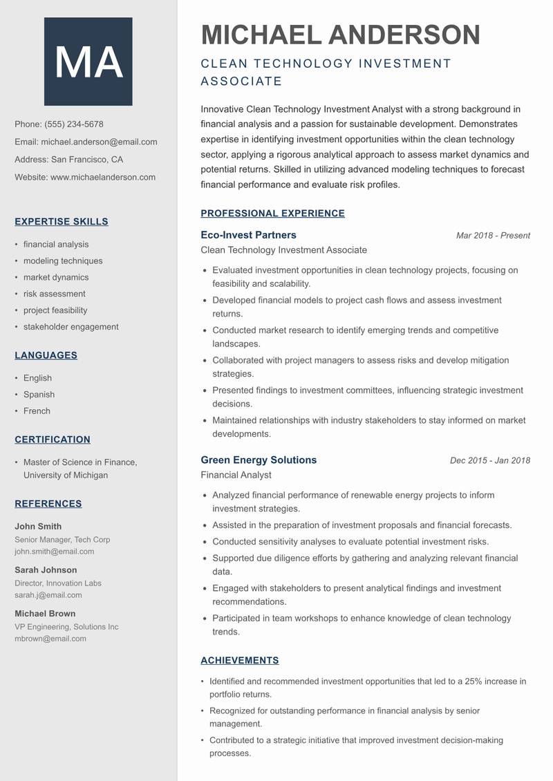 Clean Technology Investment Analyst resume template — Creative Minimal
