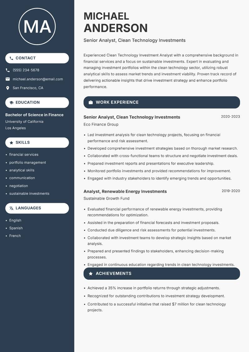 Clean Technology Investment Analyst resume template — Compact
