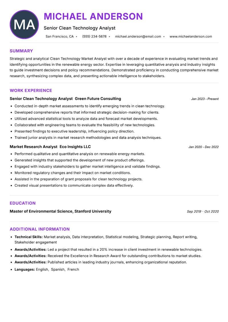 Clean Technology Market Analyst resume example — ATS-friendly template